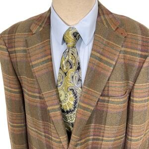 Paul Fredrick Blazer Mens 46L Olive Orange Plaid Suede Patches Collar Heritage